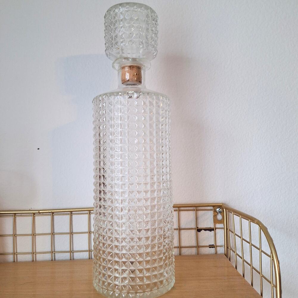Vintage MCM Clear Glass Decanter Diamond Point Cut Glass Bottle with Cork Stop
